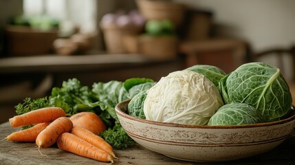 Fototapeta premium Fresh savoy cabbage, carrots, and herbs preparing a cozy winter dish
