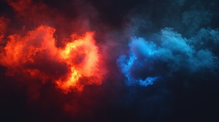 An abstract neon flame cloud with dust cold versus hot concept. A sports boxing battle competition fog transparent wallpaper design. A police digital banner with blue vs red smoke effect.