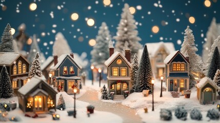 Snowy Christmas village background, charming village scene, decorated houses, glowing street lamps