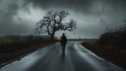 Lonely Man Walking on a Wet Road in a Moody Atmosphere
