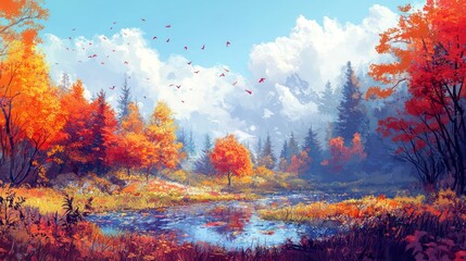 A vibrant autumn landscape filled with colorful foliage.