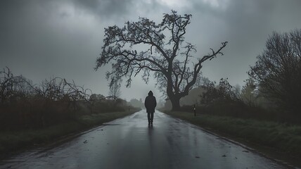 Lonely Man Walking on a Wet Road in a Moody Atmosphere