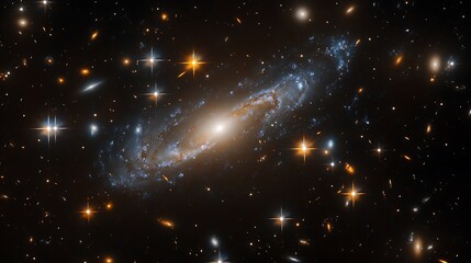 A beautiful view of an irregular galaxy with scattered stars and glowing nebulae