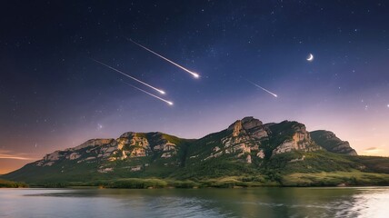 Meteor Shower Over a Mountain Range with a Calm Lake Below
