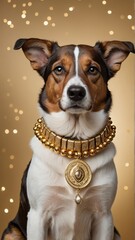 This festive image captures the spirit of the season with a portrait of a regal dog wearing a golden collar. The dog's curious expression and the warm, inviting background with sparkling lights create