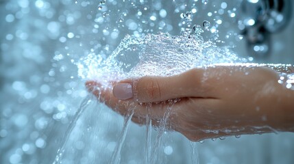 Fototapeta premium A hand cupping water, showcasing droplets and a blurred background for a refreshing effect.
