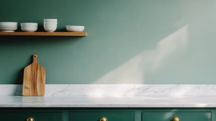 Sunlight pouring into empty marble kitchen countertop symbolizing fresh start