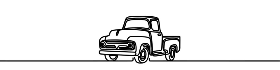 One continuous line illustration of a retro pickup truck, isolated on white background. Line art of retro pickup truck.