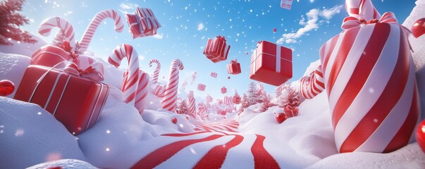 Naklejka premium A magical candy cane landscape where red and white striped paths swirl around, with colorful gift boxes floating mid-air, adorned with shimmering ribbons