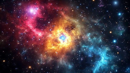 Fototapeta premium A galaxy cluster with luminous cores surrounded by diffuse glowing halos