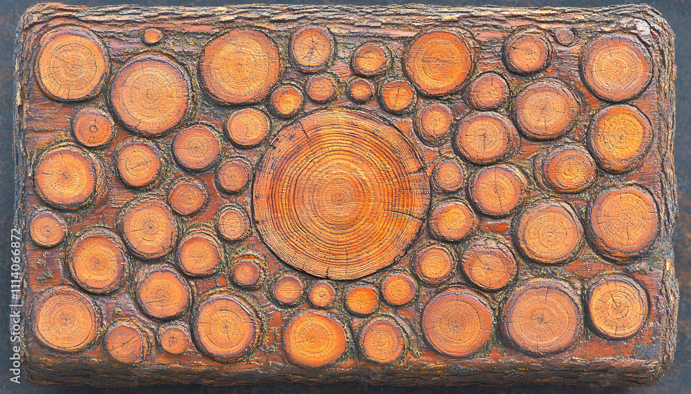 Poster intricate wooden panel featuring a captivating arrangement of concentric wood circles, creating a un