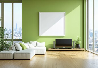 Blank decorative frame on the wall, a minimalist interior design element that enhances the elegance and flexibility of room decoration.