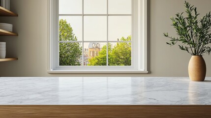 Empty marble kitchen table with city view and minimalist decor