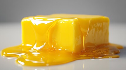 Golden yellow butter cube captured mid-melt with drips falling, showcasing glossy surface and rich texture against white background with professional lighting.