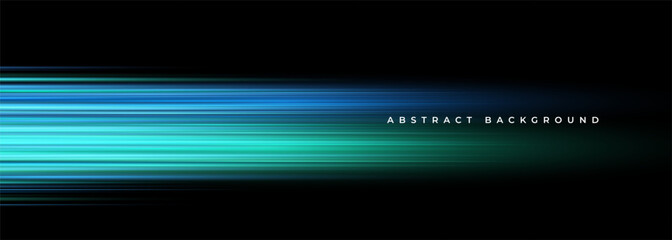 Black abstract background with blue and green gradient light streaks. Wide technology background with glowing high-speed and movement light effect. Vector illustration