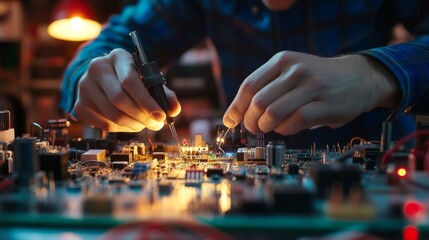 Expert Technician Repairs Circuit Board with Precision