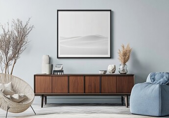 Blank decorative frame on the wall, a minimalist interior design element that enhances the elegance and flexibility of room decoration.