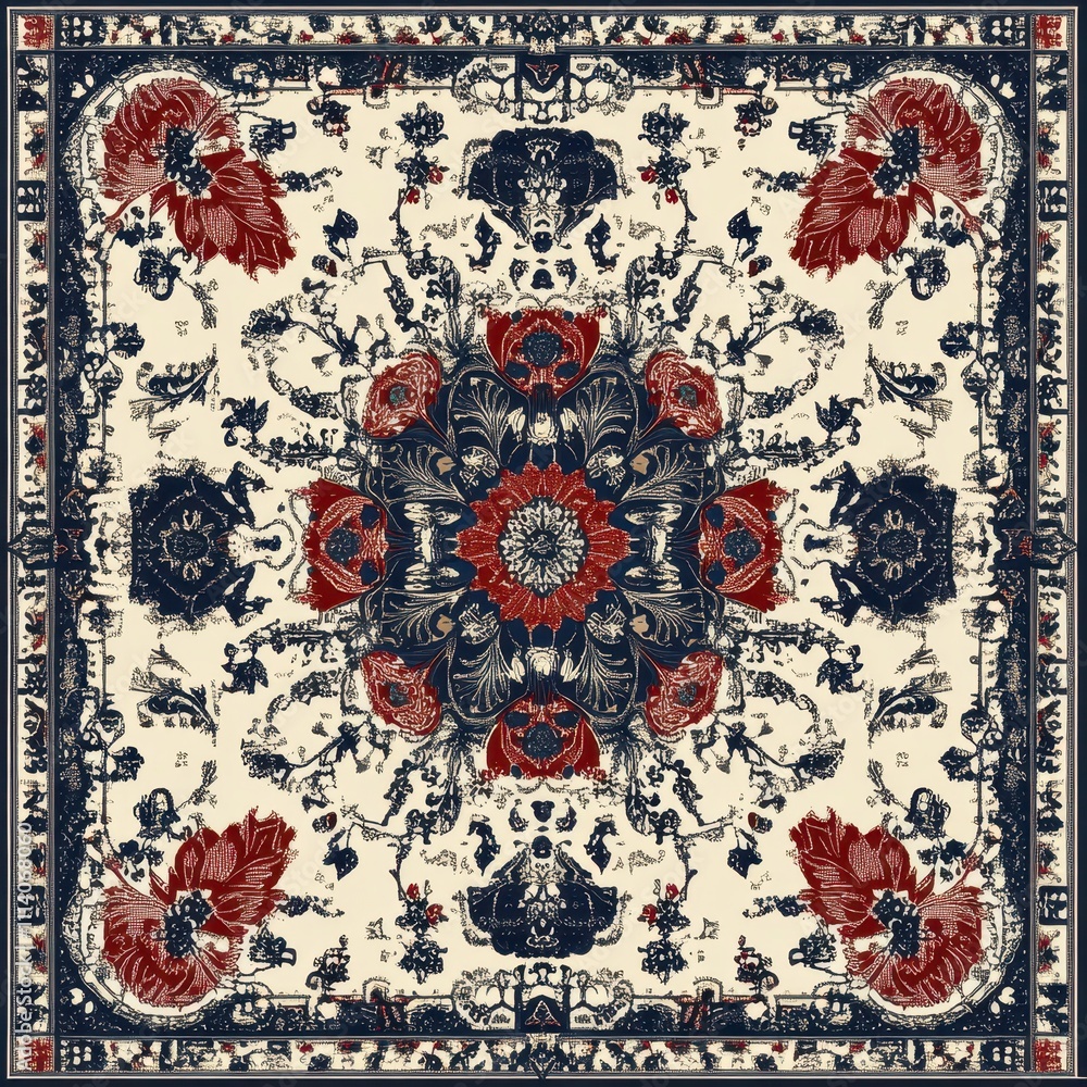 Poster a detailed graphic design bandana with intricate patterns and textures, isolated on a white backgrou