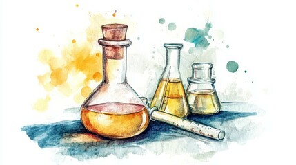 Obraz premium Chemistry tubes, methyl Sulfonyl Methane powder, watercolor illustration