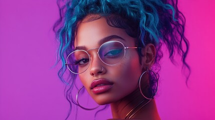 Confident young woman with teal hair and septum piercing exudes individuality and style against a purple background