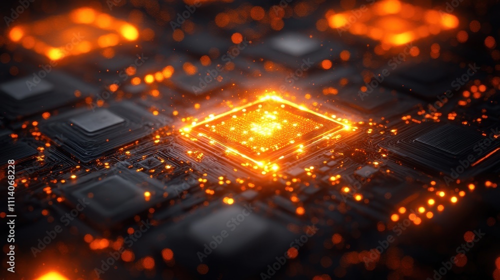 Poster conceptualized quantum computing chips glowing with energy in a dark, futuristic environment