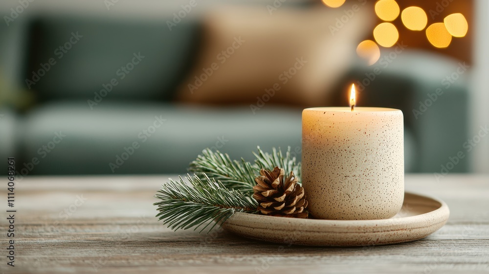 Poster burning candle creating cozy winter atmosphere on rustic table