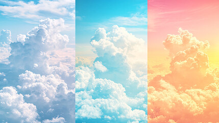 A vibrant triptych of clouds showcasing soft hues of blue, pink, and white, creating a serene and dreamlike atmosphere.