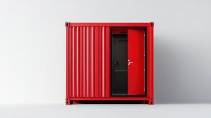 Obraz premium Red shipping container standing upright with slightly opened door, isolated on white background