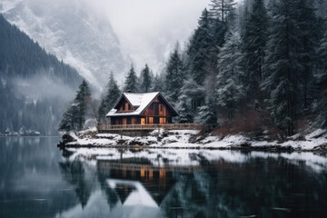 Fototapeta premium Lonely cozy house near a lake in a winter forest, against the background of mountains