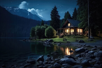 Fototapeta premium Lonely cozy house near a lake in a summer forest, against the background of mountains, night time