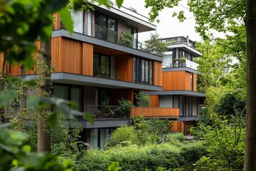 Luxurious villa and modern apartment with lush greenery, showcasing sustainable real estate design and elegant architectural facades.