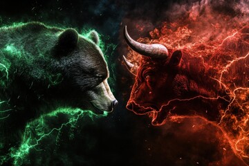 Epic confrontation between a bear and a bull, symbolizing stock market volatility with dramatic lighting, illustrating the battle between bear and bull markets in finance.