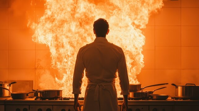 Dramatic kitchen action chef confronts fiery chaos in high-stakes culinary showdown