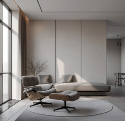 Aesthetic elegant minimalist modern interior design. Clear mock up empty wall for decoration in the apartment. Copy space in the room. Neutral palette of natural colors.