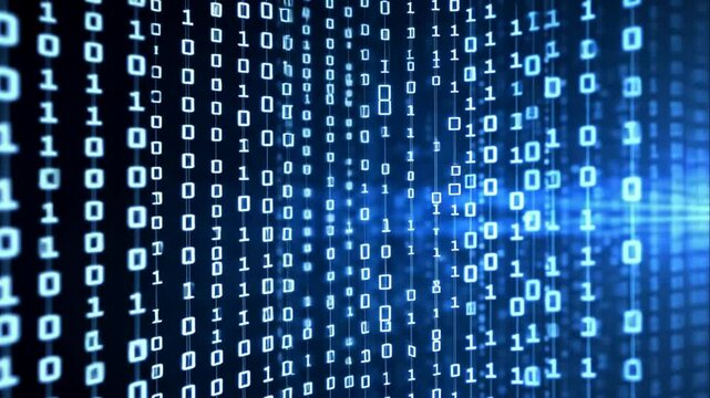 Abstract digital background with glowing binary code.