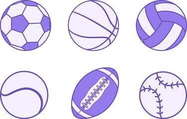 Fototapeta premium Colored Sport Ball Icons. Vector Illustrations of Soccer, Basketball, Volleyball, Tennis and Baseball. American Football Ball