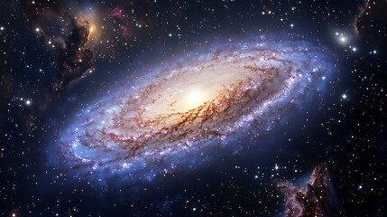 A galaxy viewed through colorful interstellar clouds in a star-filled sky