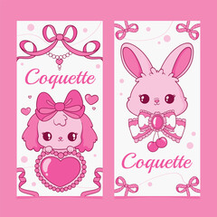 Cute Pink Cartoon Animals with Bows and Hearts