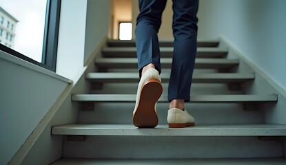 Person Walking Up Stairs in a Modern Office Building with Natural Light