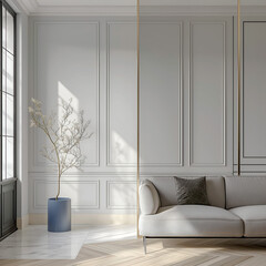 Aesthetic elegant minimalist modern interior design. Clear mock up empty wall for decoration in the apartment. Copy space in the room. Neutral palette of natural colors.