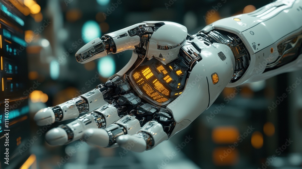 Poster robotic hand showcasing advanced mechanics and innovative design at a designated workstation. genera