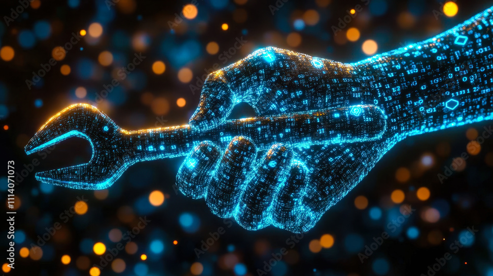 Poster ai-powered predictive maintenance: digital hand with wrench and binary code visualization