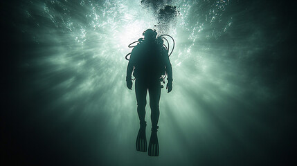Fototapeta premium A diver silhouetted against ethereal underwater light, surrounded by dark waters, creating a serene and mysterious atmosphere.