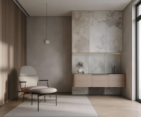 Aesthetic elegant minimalist modern interior design. Clear mock up empty wall for decoration in the apartment. Copy space in the room. Neutral palette of natural colors.