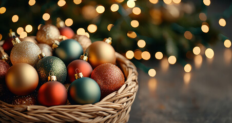 Fototapeta premium Colorful Christmas ornaments in woven basket create festive atmosphere, surrounded by soft fairy lights that enhance holiday spirit