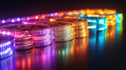 Generative AI image of crypto currency gold color round shaped Bitcoins placed on hard surface in reflecting neon lights against black background