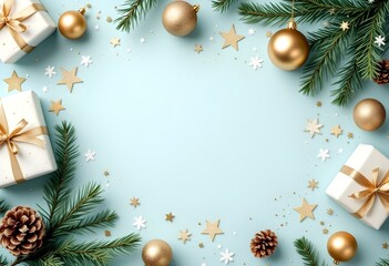 Gold and white Christmas Flat Lay mockup background product photography with presents, pine cones, and christmas balls. Holiday design for greeting card, invitation, calendar