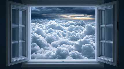 A serene view from an open window, revealing a sky filled with fluffy clouds and a hint of sunlight peeking through.
