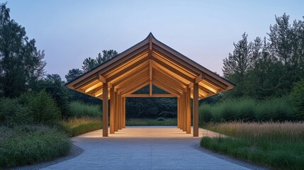 Fototapeta premium Illuminated Wooden Pavilion in a Serene Garden Setting