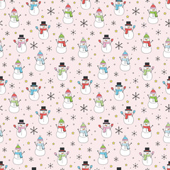 Christmas seamless texture with cute cartoon snowman. Vector illustration